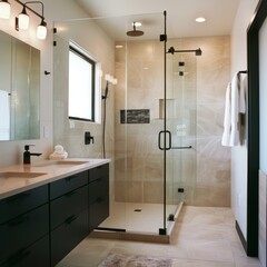 A bright and spacious bathroom featuring a glass shower, large vanity, and simple, elegant decor, highlighted by natural light.