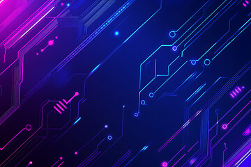 Futuristic vector illustration of an abstract circuit board with neon blue and purple gradients, showcasing intricate digital patterns and tech elements