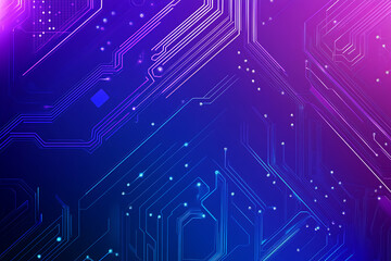 Futuristic vector illustration of an abstract circuit board with neon blue and purple gradients, showcasing intricate digital patterns and tech elements