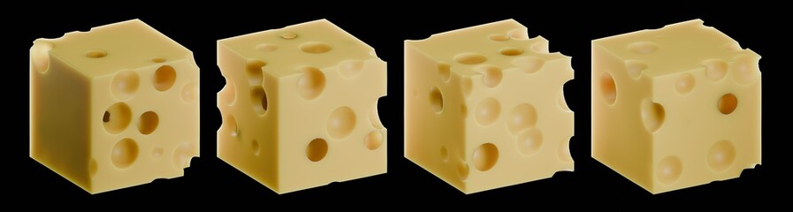 Set of four 3D rendered Swiss cheese cubes with distinct holes arranged in a horizontal row, isolated on black background, showcasing different angles and textures.