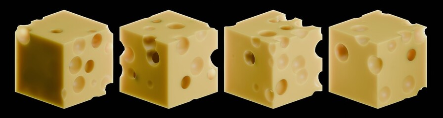 Set of four 3D rendered Swiss cheese cubes with distinct holes arranged in a horizontal row, isolated on black background, showcasing different angles and textures.