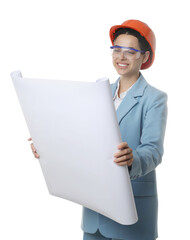 Engineer in hard hat with draft on white background