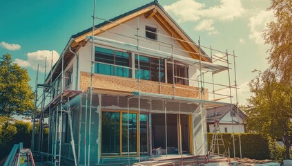 A house under construction with scaffolding.