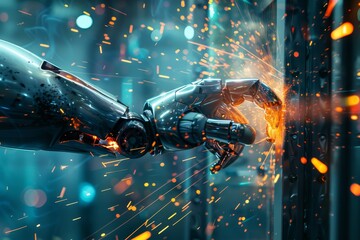 Naklejka premium Robot Hand Punching Through Metal Wall in Futuristic Laboratory Scene