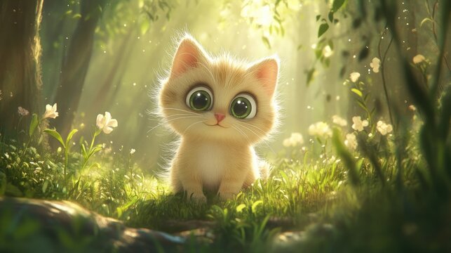 Curious cartoon kitten with big sparkling eyes, exploring a magical forest, animated in soft, dreamy colors