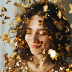 A joyful woman with closed eyes enjoys a shower of golden confetti, radiating happiness.