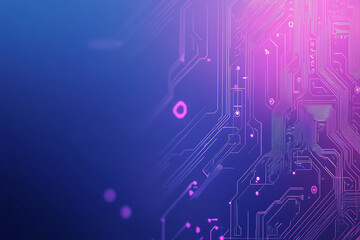 Futuristic vector illustration of an abstract circuit board with neon blue and purple gradients, showcasing intricate digital patterns and tech elements