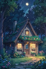 Fototapeta premium Cozy Stone Cottage in Moonlit Forest Night Scene. Anime art style