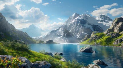 mountain peaks rise above a serene lake, crystal-clear water reflecting the vibrant sky, sunshine illuminating the landscape, nature at its most breathtaking.