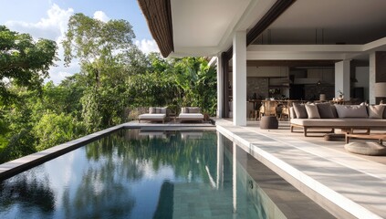 Fototapeta premium Modern minimalist poolside with lounge chairs and a sofa.