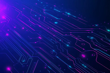 Obraz premium Futuristic vector illustration of an abstract circuit board with neon blue and purple gradients, showcasing intricate digital patterns and tech elements