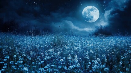 Fototapeta premium Field of White Flowers Under a Full Moon and Starry Sky