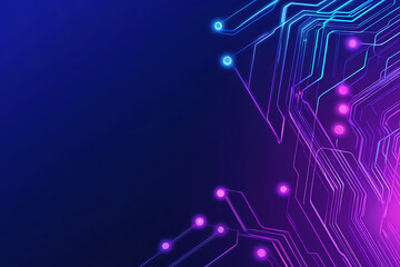 Futuristic vector illustration of an abstract circuit board with neon blue and purple gradients, showcasing intricate digital patterns and tech elements