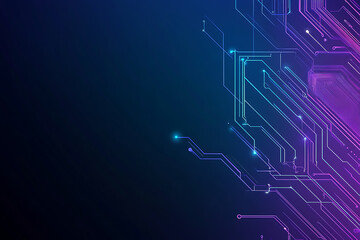 Futuristic vector illustration of an abstract circuit board with neon blue and purple gradients, showcasing intricate digital patterns and tech elements