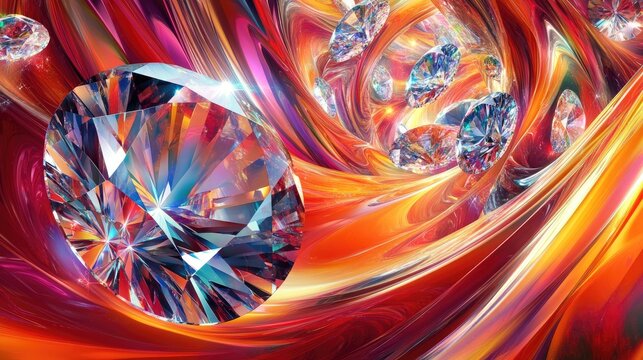 Fototapeta Radiant 3D abstract piece featuring swirling diamonds and gemstones on a dynamic paradise background filled with vibrant energy