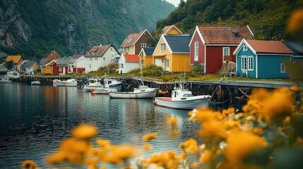quaint coastal village with colorful houses, a small harbor, and fishing boats