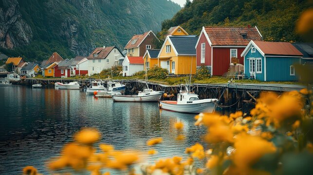 quaint coastal village with colorful houses, a small harbor, and fishing boats
