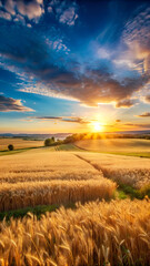 Tranquil Wheat Field at Sunset: Golden Light Illuminating Rolling Hills and Bountiful Crops