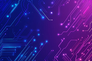 Futuristic vector illustration of an abstract circuit board with neon blue and purple gradients, showcasing intricate digital patterns and tech elements