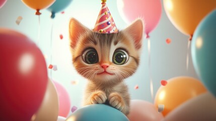 Sweet cartoon kitten with big sparkling eyes, wearing a tiny party hat and surrounded by balloons, animated in cheerful style