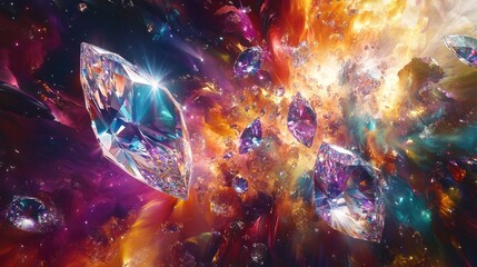 Vivid 3D abstract art with vibrant diamonds and jewelry swirling on a dynamic paradise background, full of cosmic light and energy