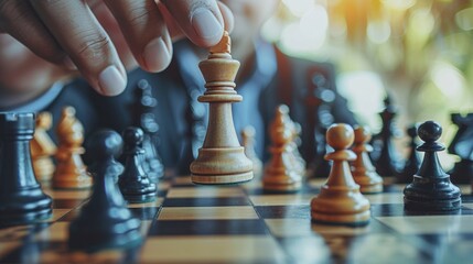 Hand man playing chess and moving a piece