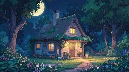 Fototapeta premium Cozy Stone Cottage in Moonlit Forest Night Scene. Anime art style