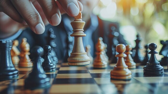 Hand man playing chess and moving a piece