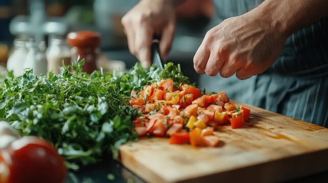 chef skillfully chopping vegetables in a professional kitchen, with ingredients neatly arranged on the counter.