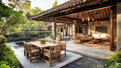 Obraz premium Wooden patio furniture outside a tropical home.