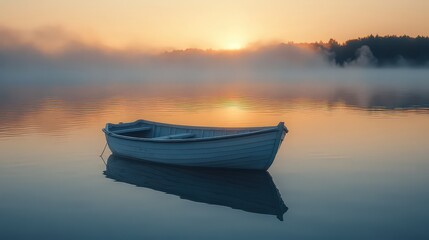 tranquil rowboat floating on a misty lake at sunrise, with soft reflections on the water.