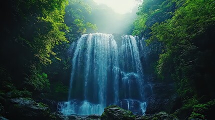 Naklejka premium majestic waterfall cascading down a rocky cliff, surrounded by lush greenery.