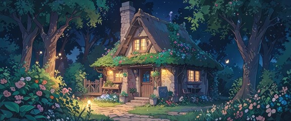 Fototapeta premium Cozy Stone Cottage in Moonlit Forest Night Scene. Anime art style