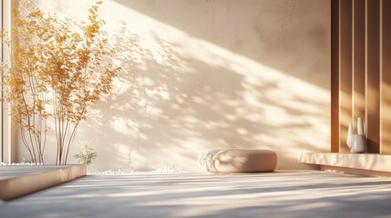 A serene interior space featuring warm sunlight, minimalist decor, and soft textures that create a calming atmosphere.