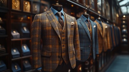 A detailed view of a bespoke tailoring workshop with luxurious handcrafted suits arranged on mannequins.