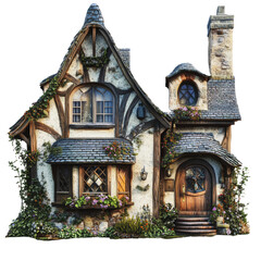 PNG A charming cottage with ivy-covered walls and flower-filled window boxes nestled in a serene countryside setting