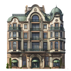 Naklejka premium PNG Elegant multi-story building with intricate architectural design and domed rooftops located in an urban setting