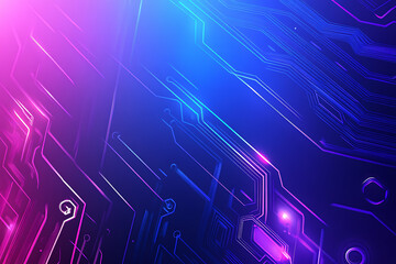 Futuristic vector illustration of an abstract circuit board with neon blue and purple gradients, showcasing intricate digital patterns and tech elements