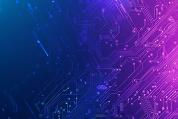 Futuristic vector illustration of an abstract circuit board with neon blue and purple gradients, showcasing intricate digital patterns and tech elements