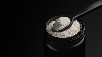 A spoonful of powder is in a jar