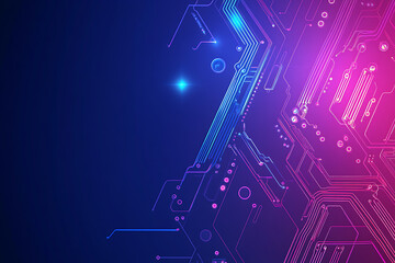 Futuristic vector illustration of an abstract circuit board with neon blue and purple gradients, showcasing intricate digital patterns and tech elements