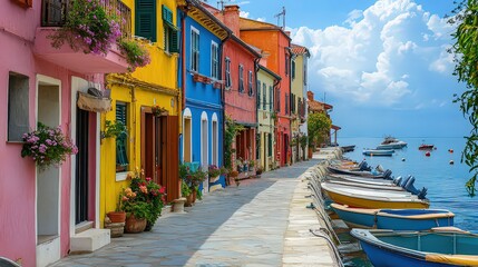 Fototapeta premium picturesque seaside village with colorful houses, narrow streets, and boats anchored in the harbor.