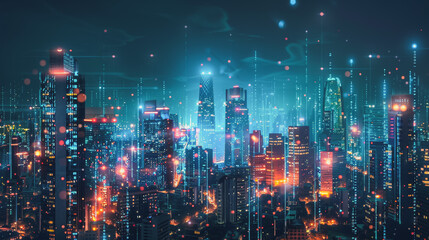 Fototapeta premium Smart digital Innovation city with connection network reciprocity over the cityscape. of future smart wireless digital city and social media networking systems that connects people with in city