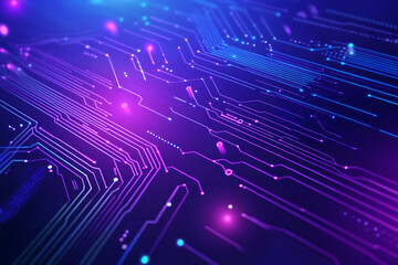 Futuristic vector illustration of an abstract circuit board with neon blue and purple gradients, showcasing intricate digital patterns and tech elements
