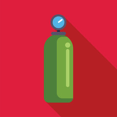 Green oxygen cylinder is standing with the pressure gauge displaying on a red background
