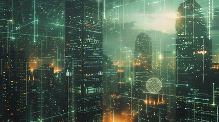 Fototapeta premium Smart digital Innovation city with connection network reciprocity over the cityscape. of future smart wireless digital city and social media networking systems that connects people with in city