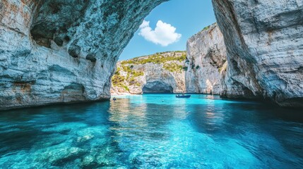 A small boat in a calm turquoise bay surrounded by limestone cliffs