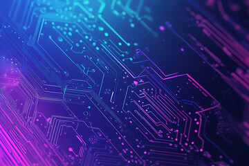 Futuristic vector illustration of an abstract circuit board with neon blue and purple gradients, showcasing intricate digital patterns and tech elements