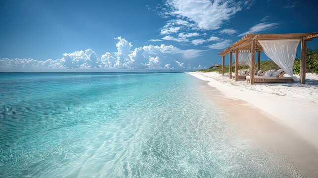 tranquil beach oasis with clear waters, soft white sand, and a small beachside cabana providing shade and comfort.
