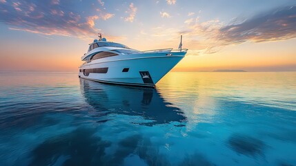 luxury yacht floating serenely on clear turquoise waters during a stunning sunset.